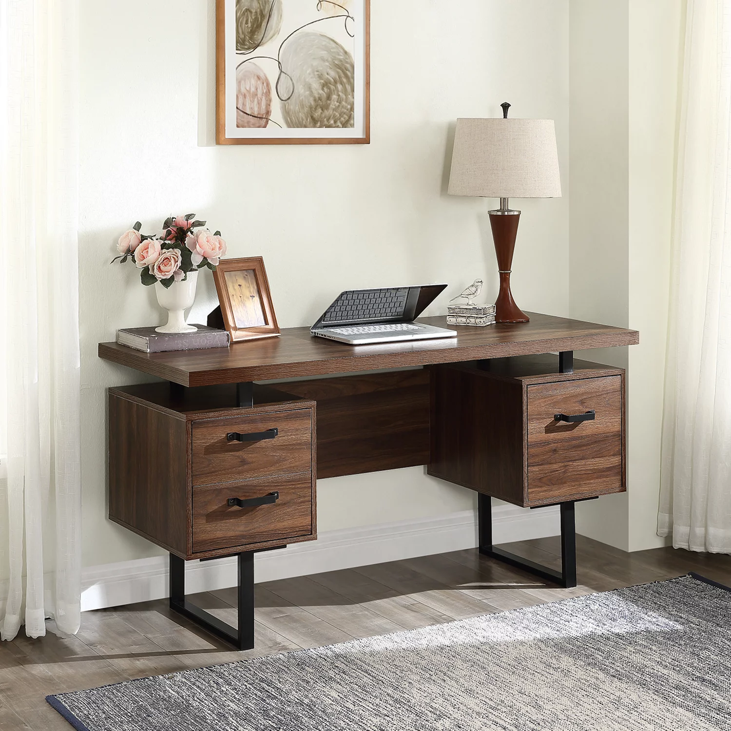 Dcenta Home Office Computer Desk with drawers/hanging letter-size files/59 inch Writing Study Table with Drawers
