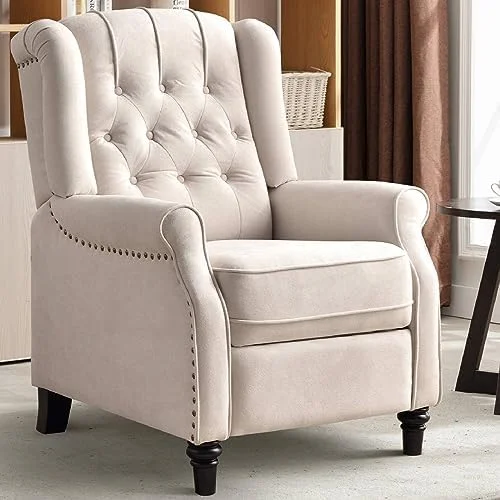 RUNFAYBIU Push Back Recliner Chair  Elizabeth Fabric Recliner with Tufted Back Home Theater Seating w/Padded Seat and Nailhead Trim  Wooden Legs  White