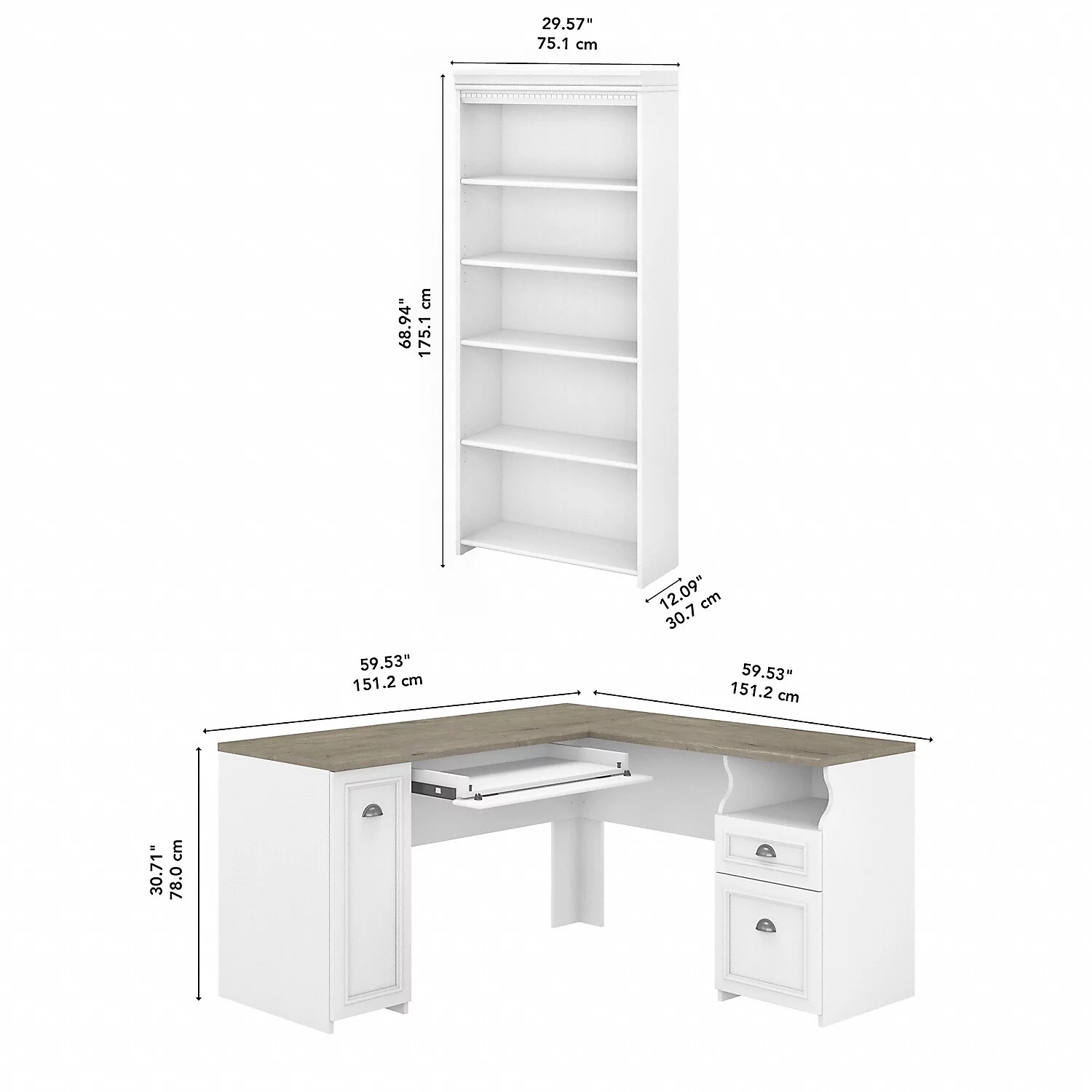 Fairview 60W L Shaped Desk with Bookcase in White and Gray - Engineered Wood