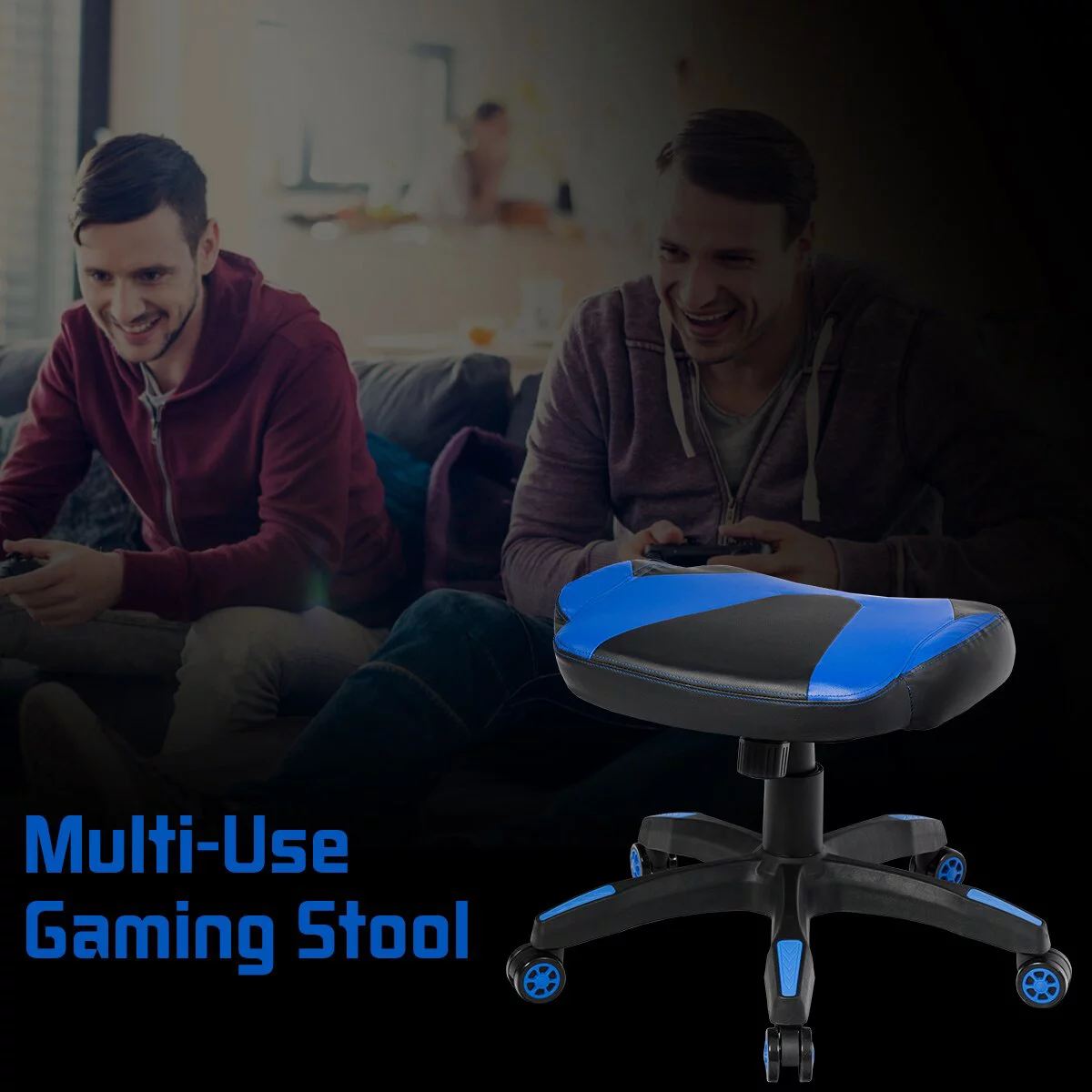 Blue Multi-Use Gaming Ottoman Footstool Chair Footrest Swivel Height Adjustable