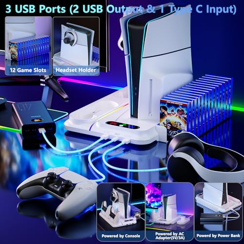 PS5/ Slim/Pro Stand and PS5 Cooling Station with Dual Controller Charger 3 Level Fan ,3 USB Hub Fast Charge drive 9 RGB Light hard Slim Stand for All Disc & Digital Console Playstation Vita Upgraded