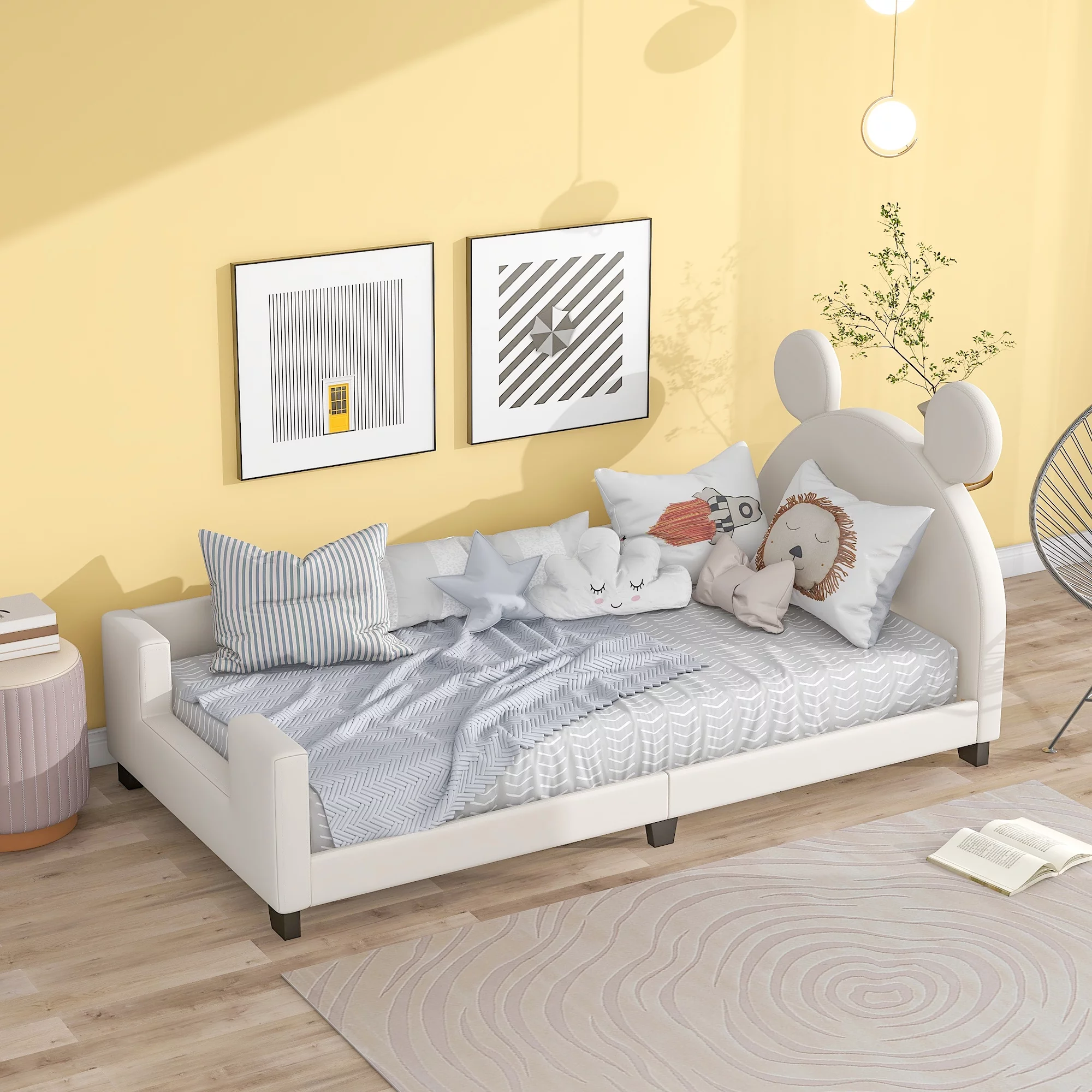 Euroco Mickey Mouse Shaped Twin Size Upholstery Daybed with Headboard for Kids Bedroom, White