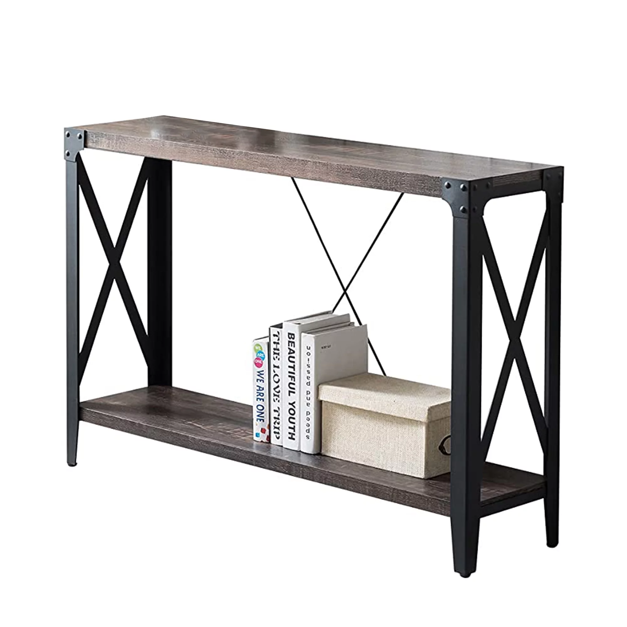 OKD 46 Inch 2-Tier Console Hallway Entryway Accent Table, Dark Rustic Oak