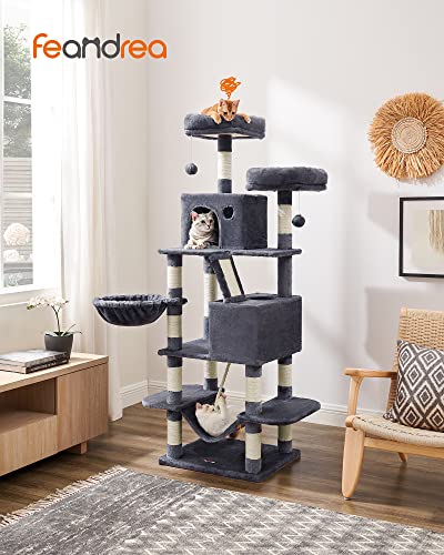 Feandrea Cat Tree, 81.1-Inch Large Cat Tower with 13 Scratching Posts, 2 Perches, 2 Caves, Basket, Hammock, Pompoms, Multi-Level Plush Cat Condo for Indoor Cats, Smoky Gray UPCT190G01