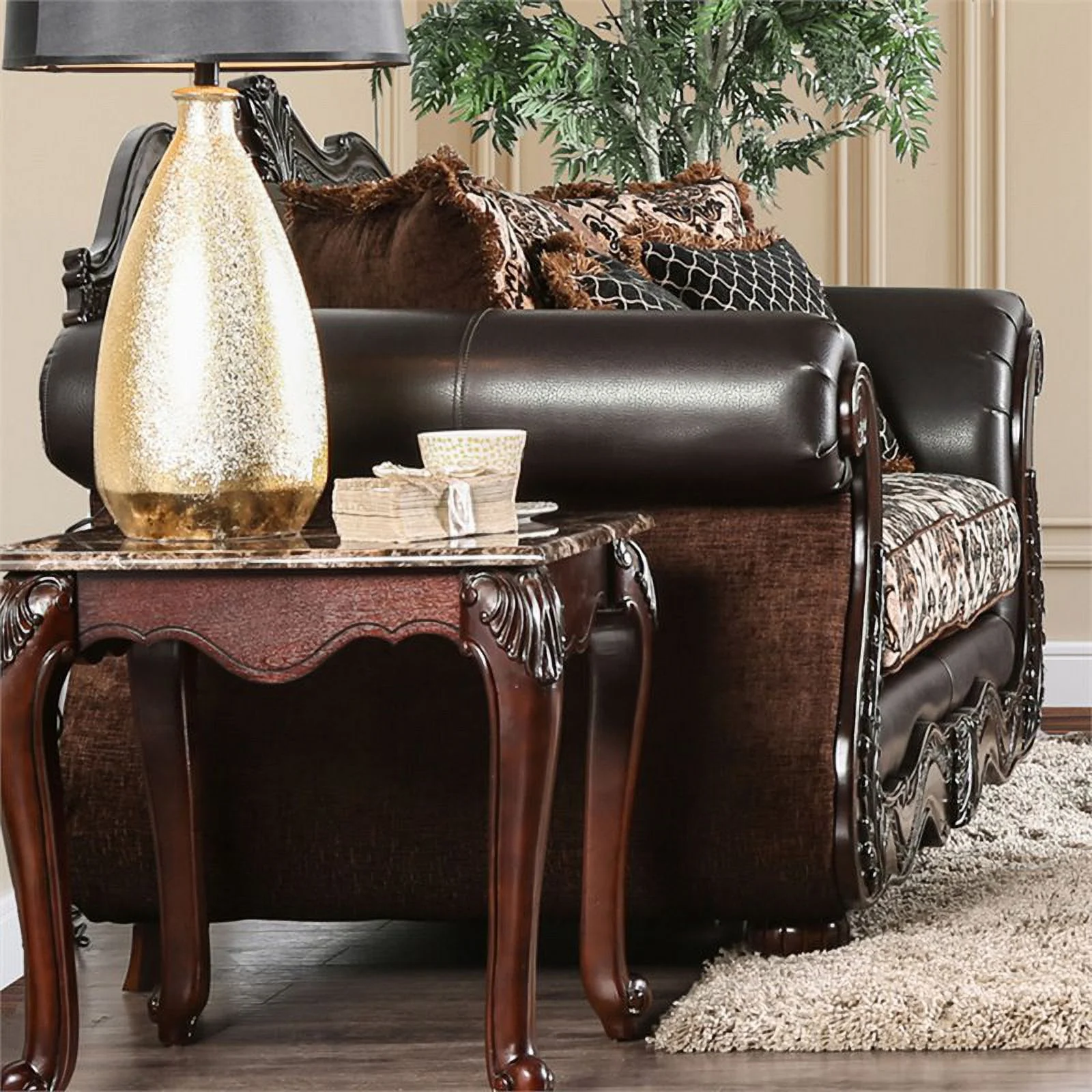 Furniture of America Conall Traditional Faux Leather Cushioned Loveseat in Brown