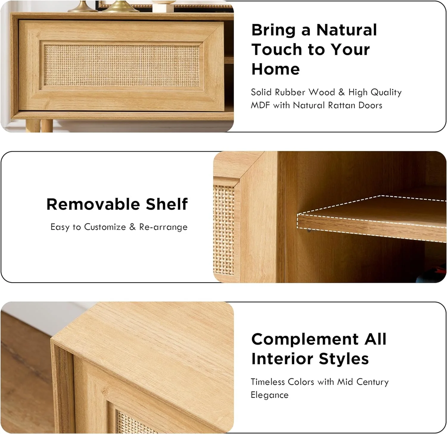 RUNFAYBIU Rattan TV Stand for 55 Inch TV  Mid Century Modern Entertainment Center with  Natural Wood  TV Console Table with 2 Cabinets for Living Room Bedroom