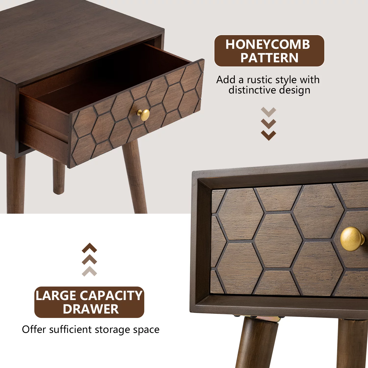 COSIEST Mid-Century Nightstand Brown Modern MDF Bedside Table Wood Accent End Table with Drawer