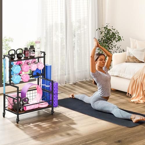 Snughome Dumbbell Rack, Adjustable Weight Rack for Dumbbells, Home Gym Storage Rack for Dumbbell, Kettlebells, Foam Roller and Yoga Mat, All in One Workout Equipment Storage with Wheels and Hooks