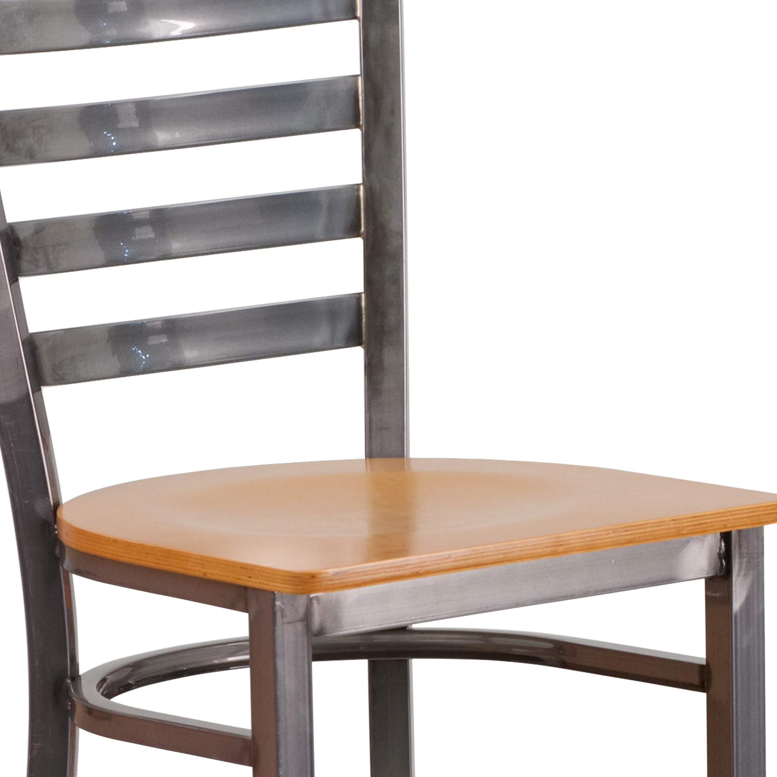 Emma + Oliver Clear Coated Metal Ladder Back Barstool, Natural Wood Seat