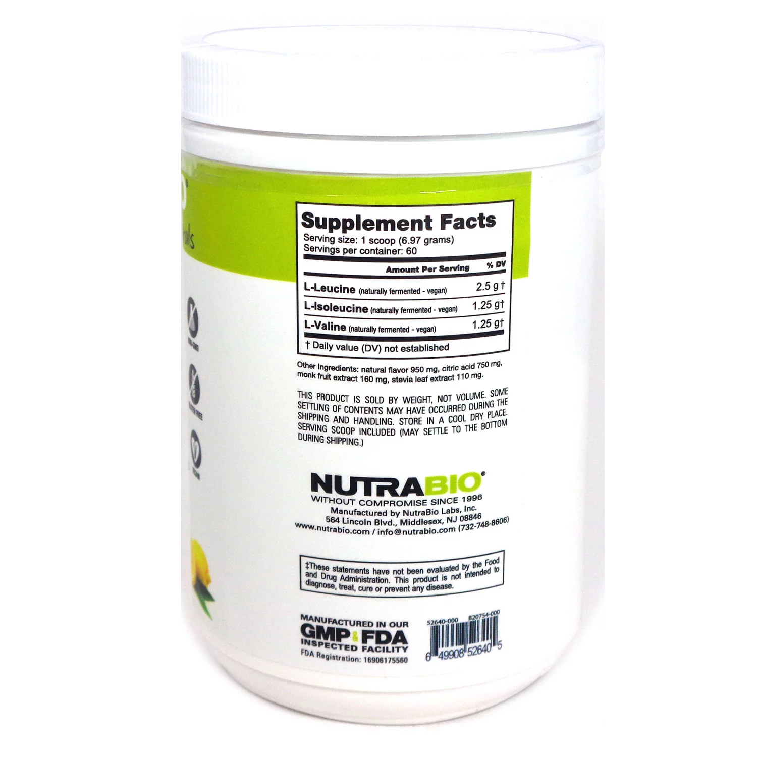 BCAA Natural lemonade  by NutraBio - 60 Servings