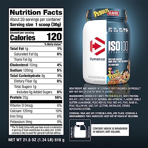 Dymatize x Fruity Pebbles ISO100 Whey Protein Powder Isolate, 25g of Protein, 20 Servings, 5.5g BCAAs, 120 Cal., Gluten Free, 1g Fat, 1g Sugar, 2g Carb