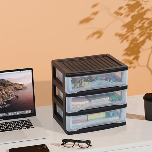 BYCY Medium 4 Drawer Clear Stacking Desktop Organizer for Office Supplies,Stackable Storage Drawers Plastic Storage Bins For Kitchen Cabinets, Pantry, Home Organization (Black, Medium 4Drawer)