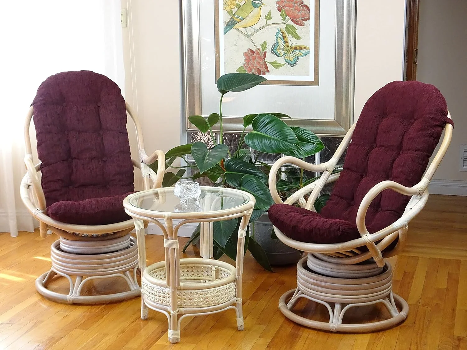 TJUNBOLIFE Pelangi Handmade Rattan Round Wicker Coffee Table with Glass  White Wash