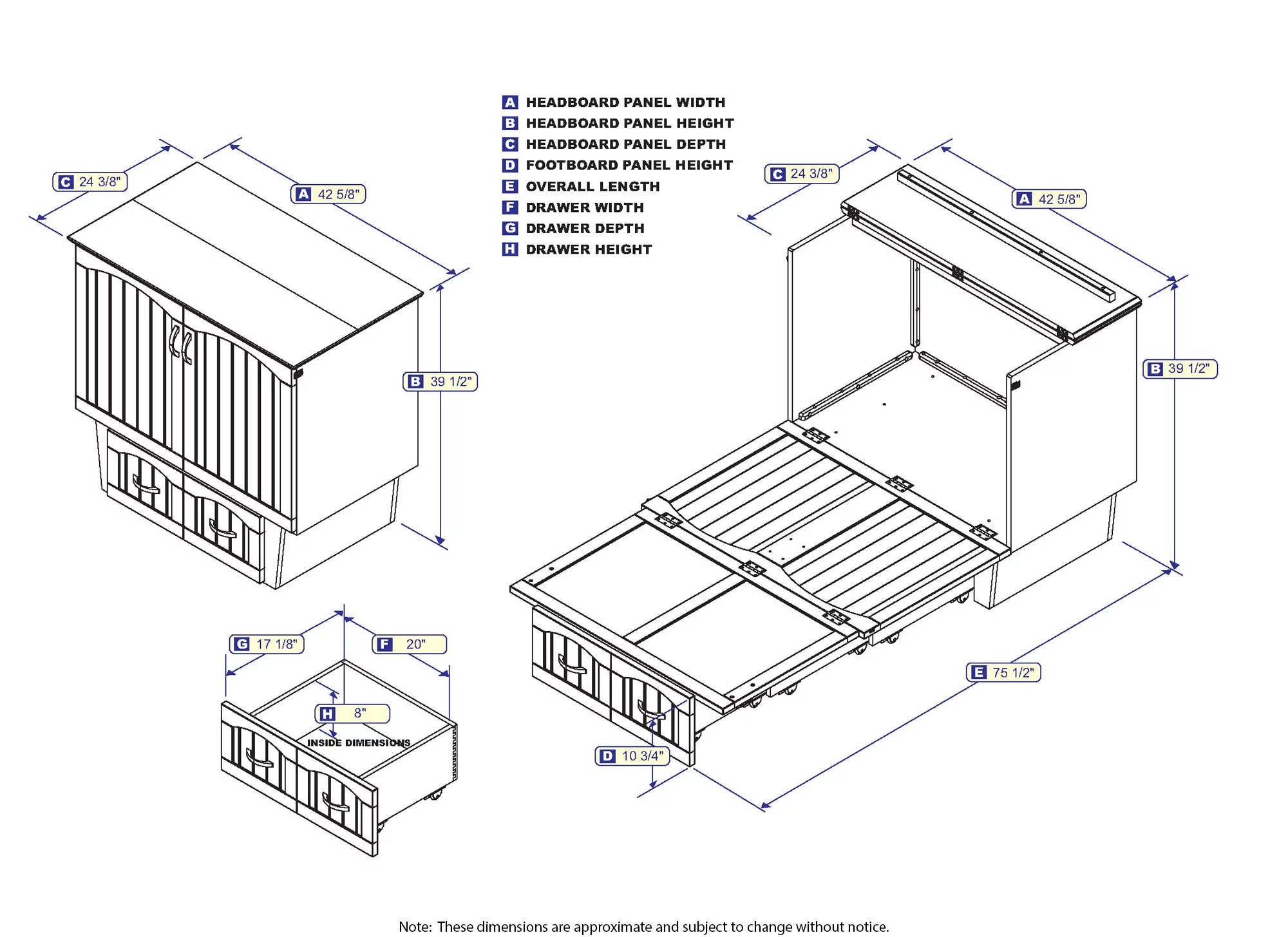 AFI Sydney Twin Solid Wood Murphy Bed Chest with Mattress, Drawer & Charger, Walnut