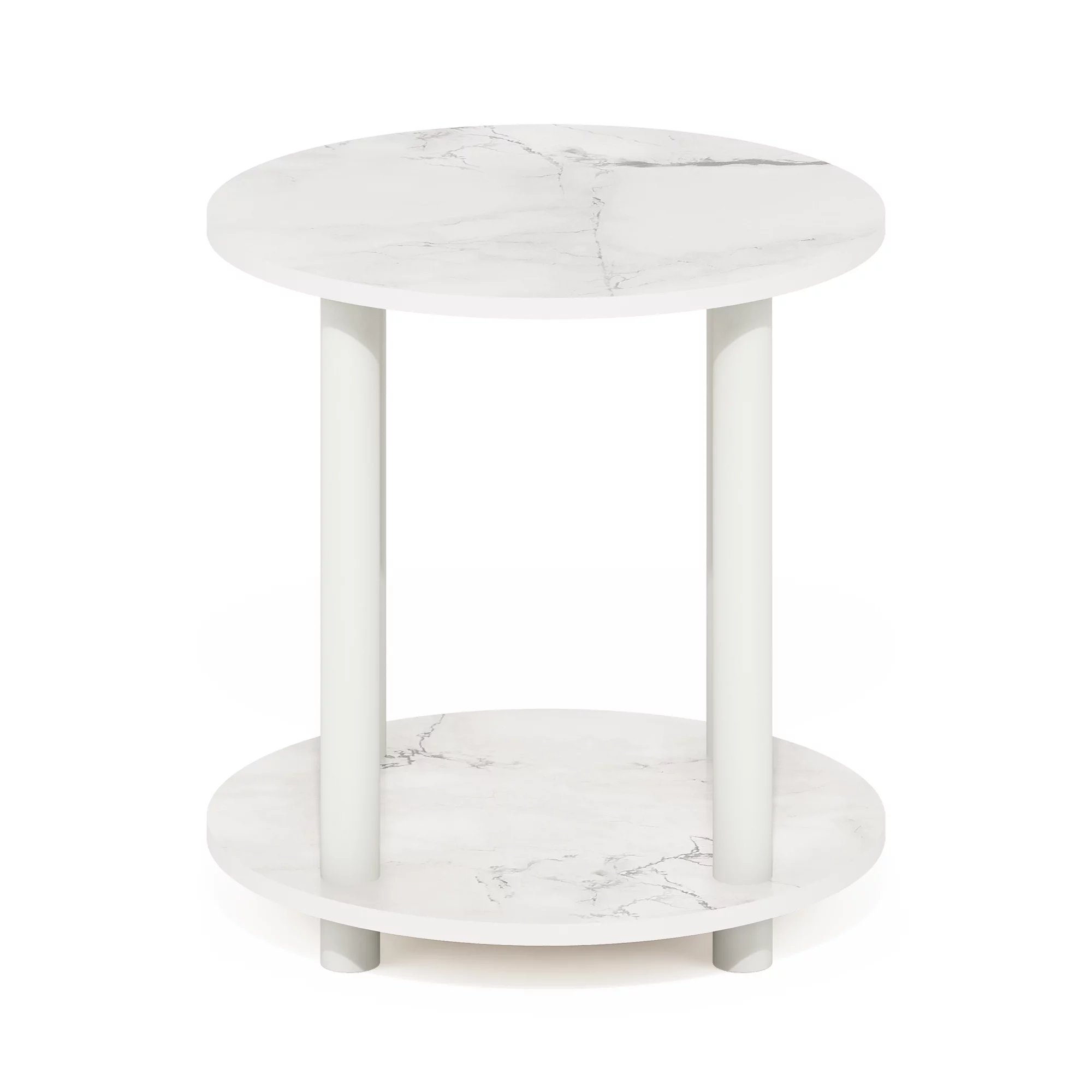 Furinno Turn-N-Tube 2-Tier Round Wooden End Table, Marble White