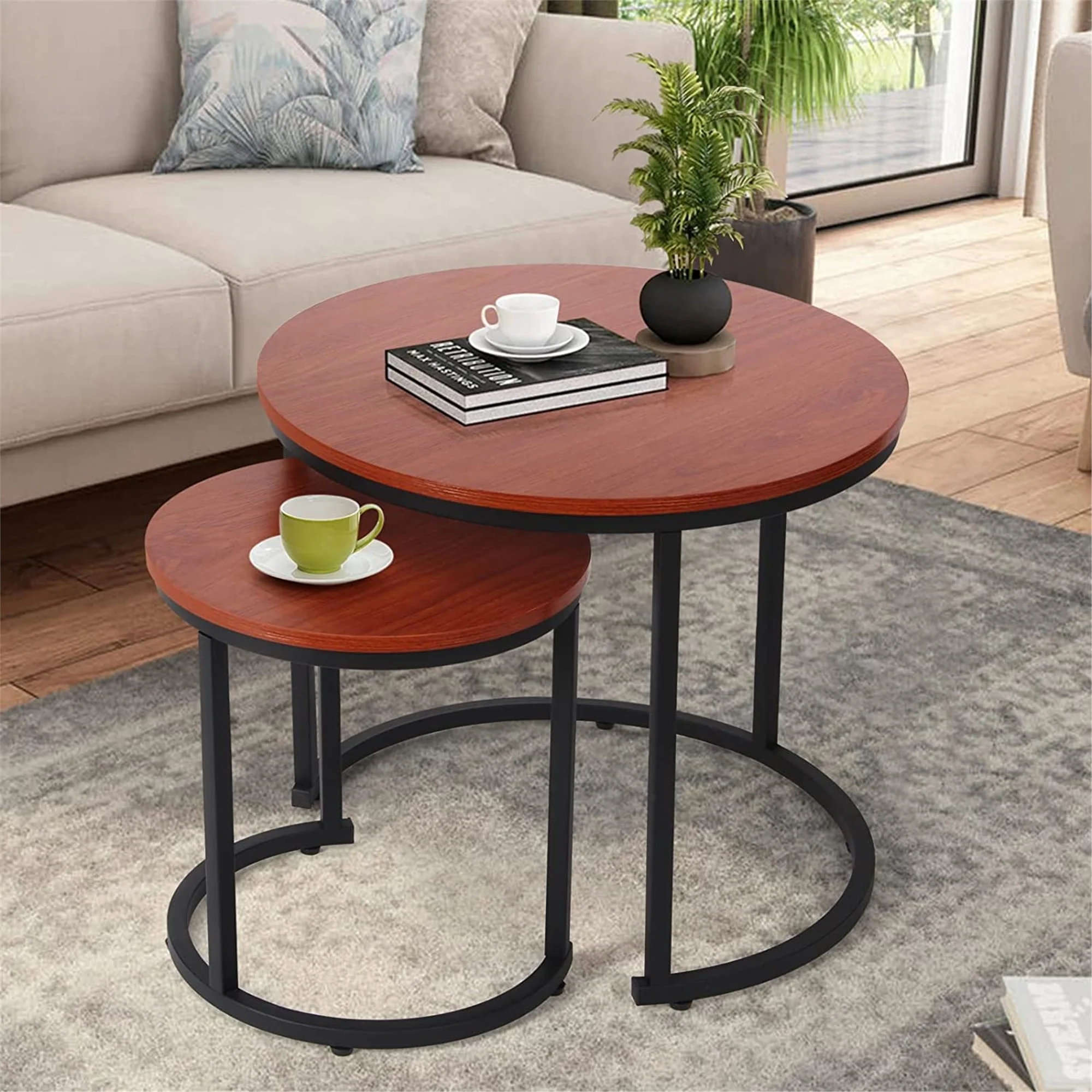 Modern Round Nesting Tables with Metal Frame (Set of 2) (White & Black)