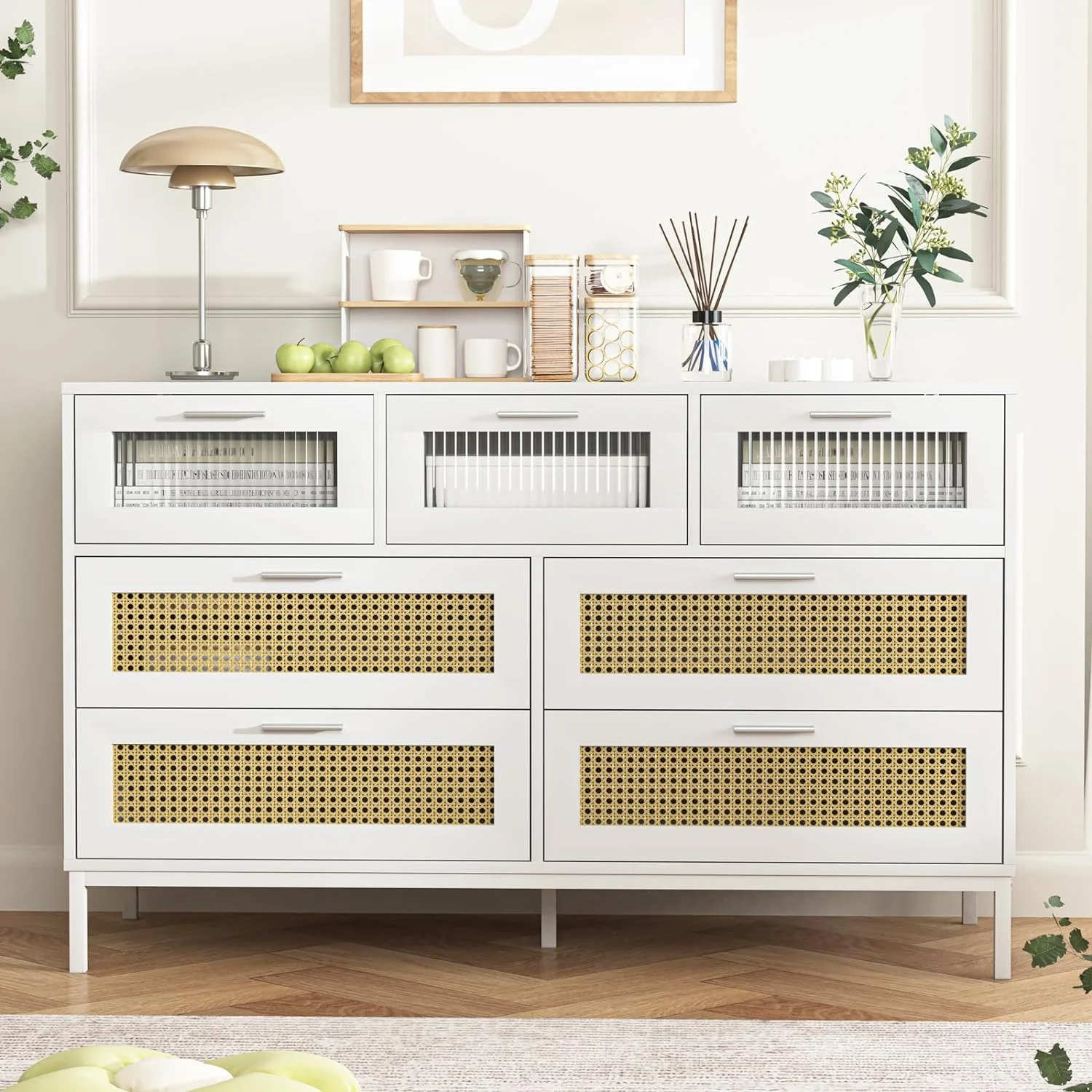 RUNFAYBIU 7 Drawer Dresser  47.2" Wide Chest of Rattan Drawers with Open Space  Modern Wood  Dresser Organizer Sideboard Buffet Cabinet for Bedroom  Living Room  Dining Room  Hallway