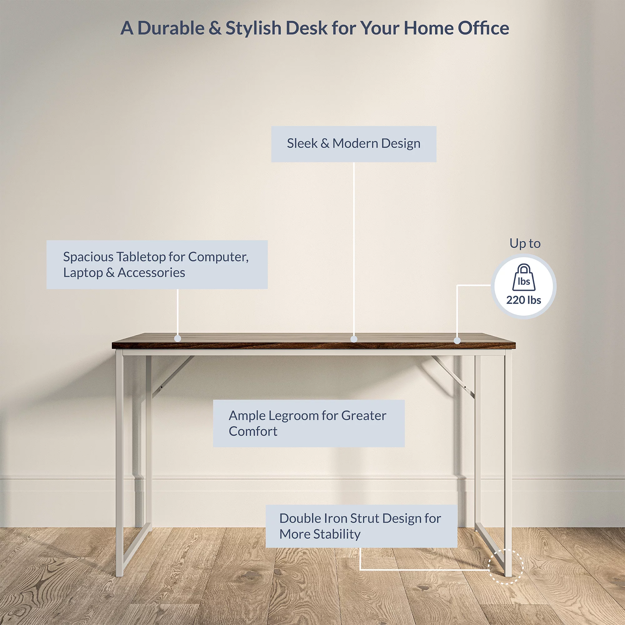 BELLEZE Home Office Computer Desk with White Frame - Barton (Dark Walnut)