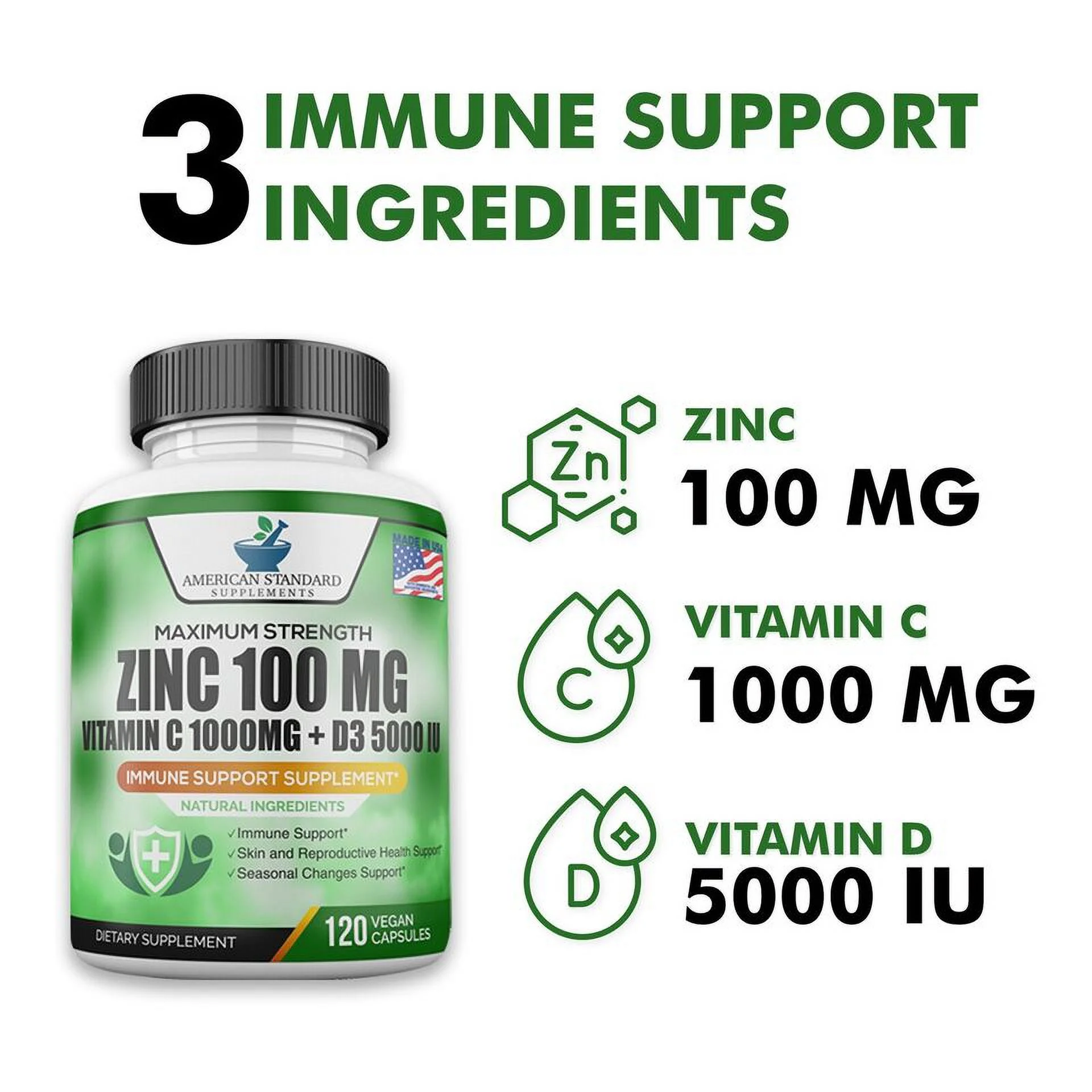 Zinc 100mg, Vitamin C 1000mg, Vitamin D 5000IU per Serving, Immune Support, 120 Capsules