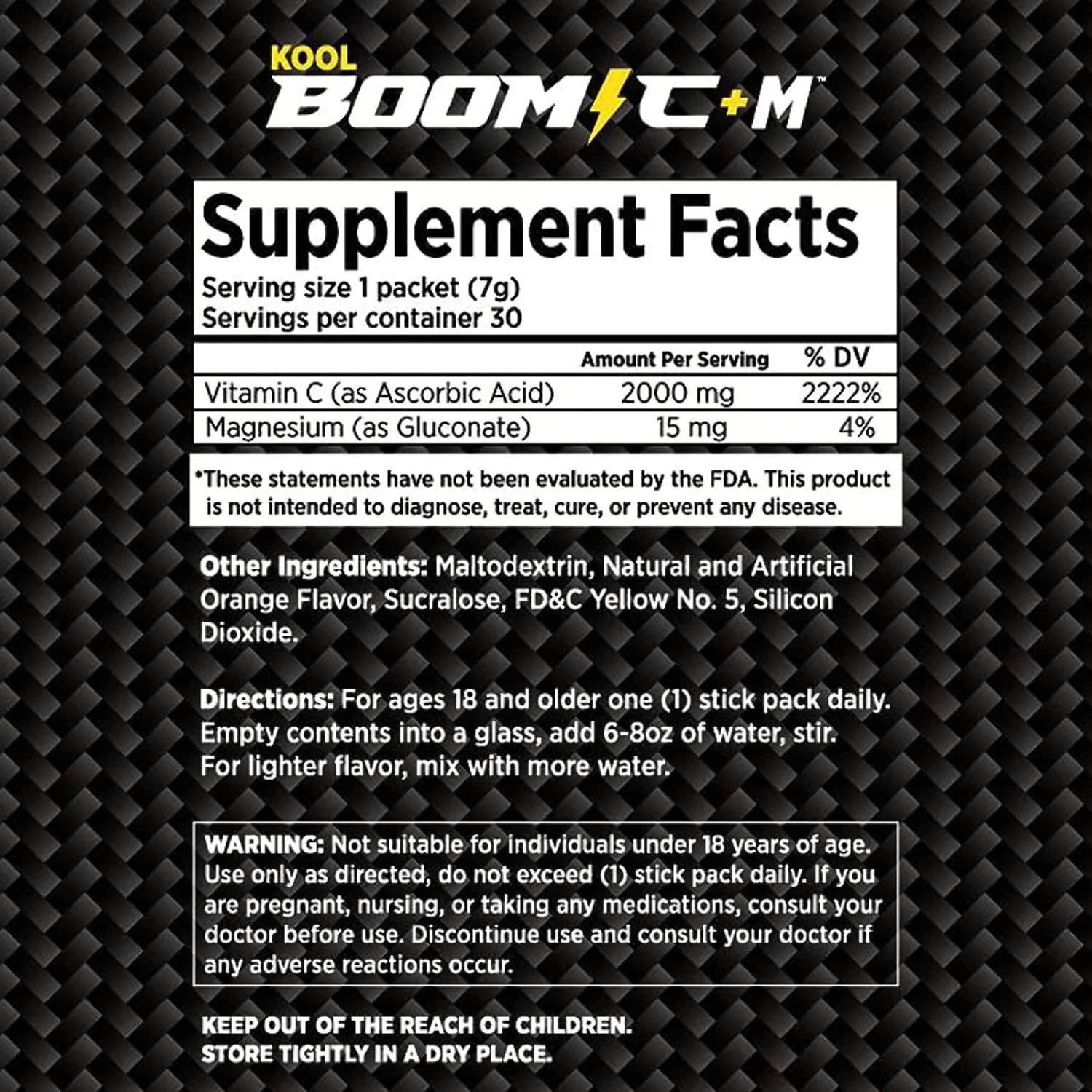 Kool Boom C + M - Vitamina C 2,000 Mg Más Magnesio - 30 Stick Packets (.25 Oz - 7g)