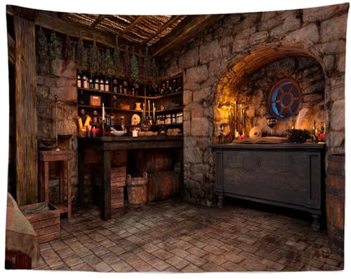 Loccor Halloween Witch Cottage Tapestry Spooky Magic Kitchen Potion Skull Wall Hanging Medieval Fairy Tale Cottage Tapestries Halloween Party Kids Adults Bedroom Wall Decor 118''x98''