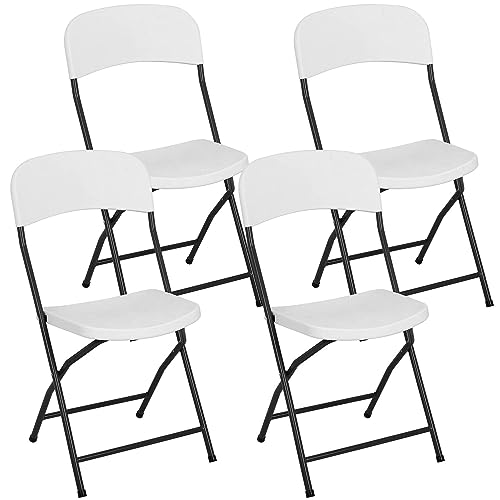 White Plastic Folding Chairs for Outside Set of 4, Foldable Floor Chair Bistro Chairs, Portable Stackable Commercial Seat with Metal Frame for Lawn Events Office Wedding Party Picnic Kitchen Dining