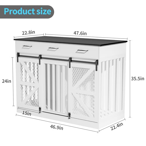 48'' Dog Crate Furniture with Removable Divider & Storage Drawers, Wooden Double Dog Cage TV Stand with 2 Sliding Barn Doors, Multi-Functional Dog Crate End Table for Indoor use (White)