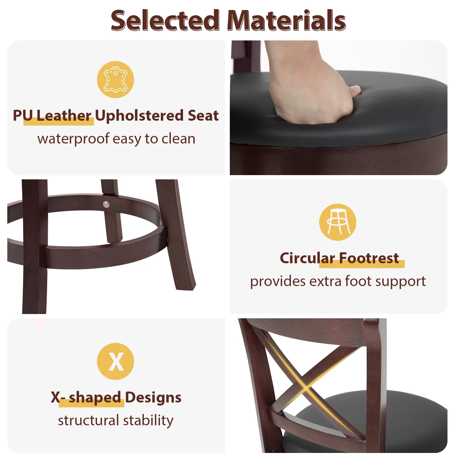 Bar Stools Counter Stools Kitchen Barstools with Wooden Low Back, 360 Degree Swivel, PU Leather Set of 2 (Brown)