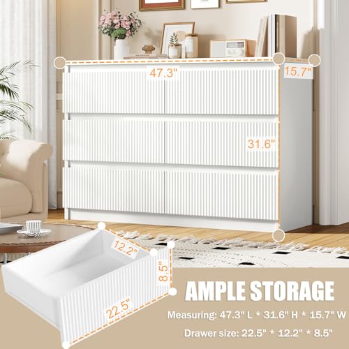 White 6 Drawer Dresser for Bedroom, Modern Fluted Dresser with Deep Drawers, Large Double Wooden Chest of Drawers for Living Room, Hallway, Entryway (White)