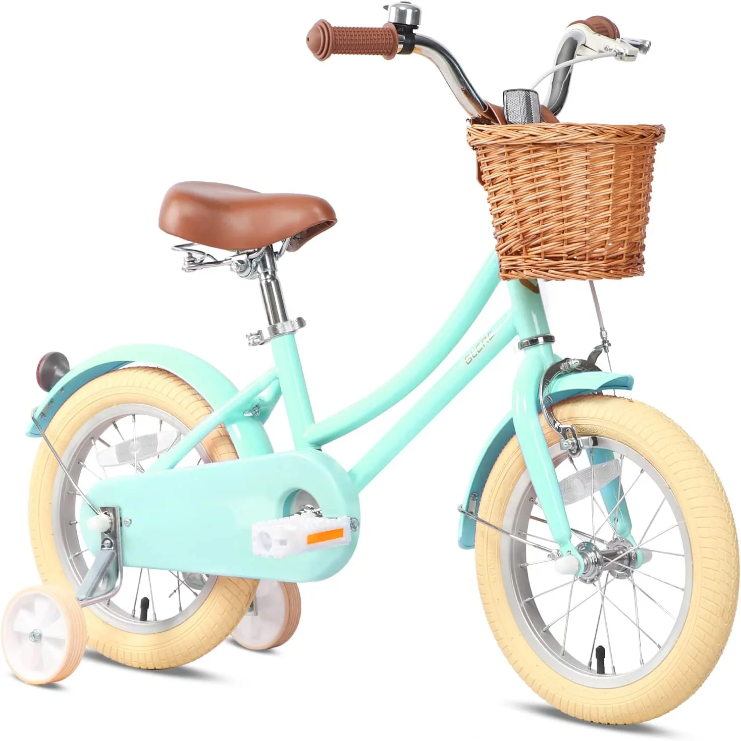 Glerc 14 Inch Kids Bike for 3 4 5 Years Old Little Girls Retro Vintage Style Bicycles with basket Training Wheels and Bell,Mint Green