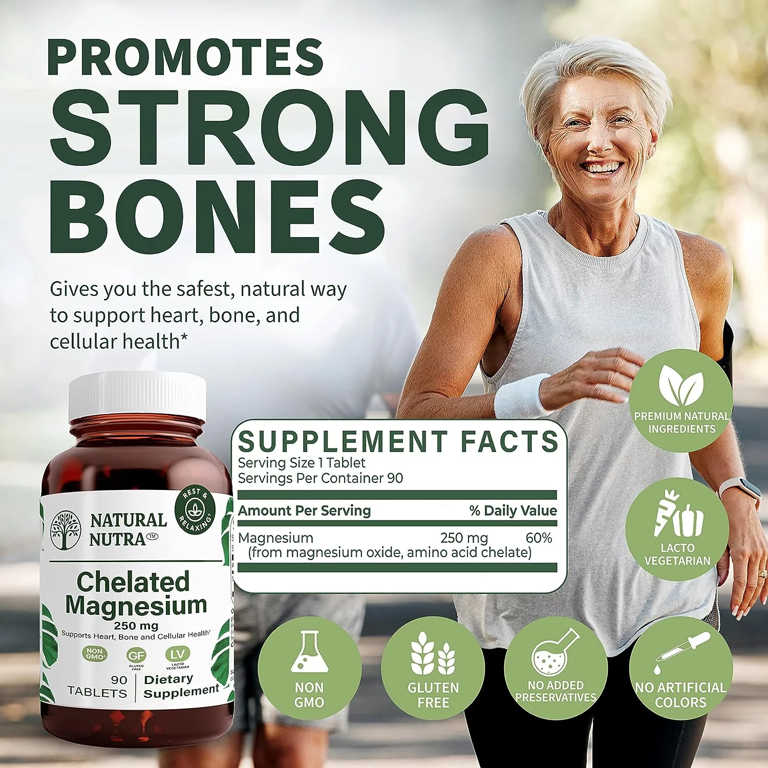 Natural Nutra Chelated Magnesium Oxide 250mg, Promotes Healthy Bones, Dental Health - 90 Tablets