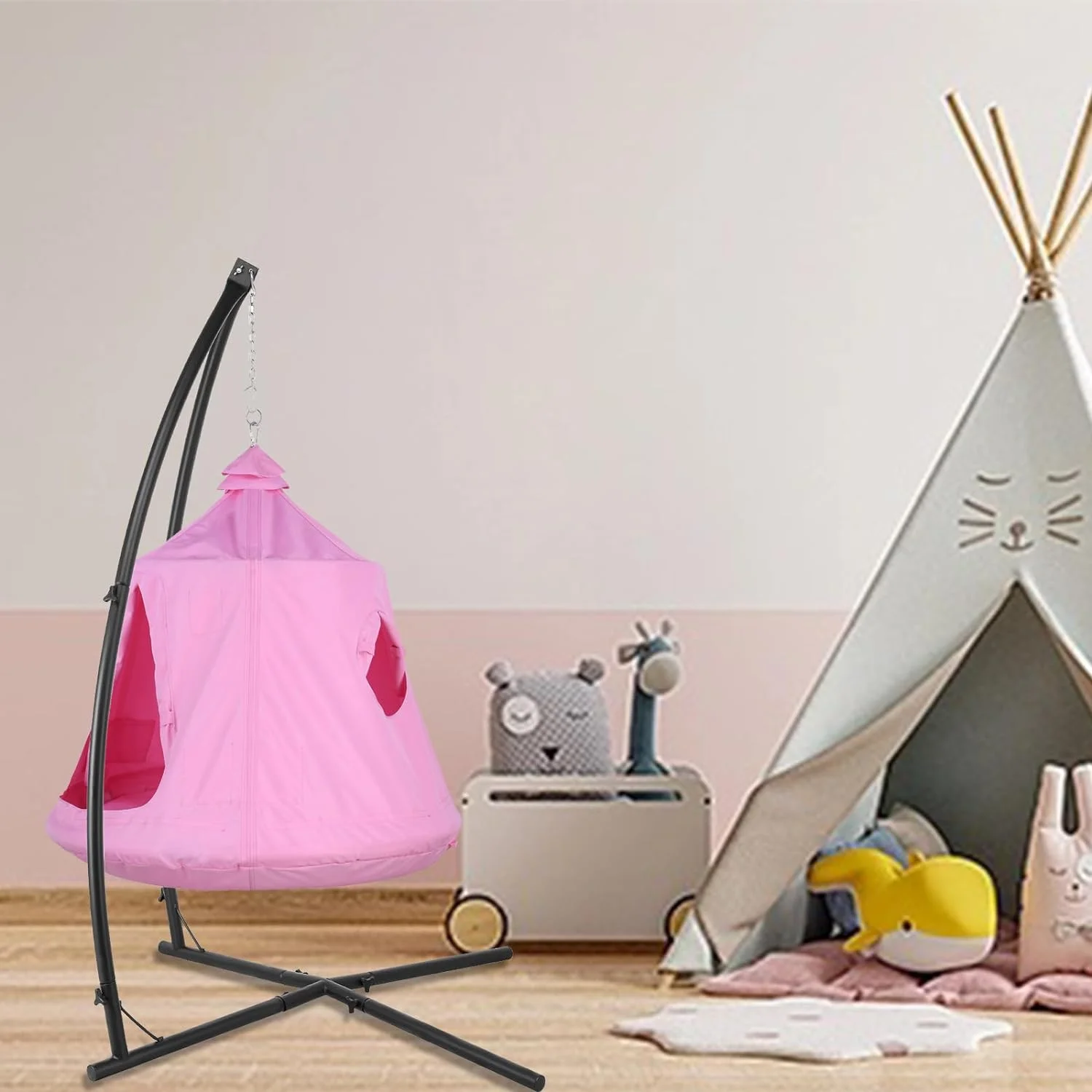 LAZY BUDDY Hammock Chair Set, Hanging Tree Tent w/ Steel Stand, Hammock X-Stand with Swing Tent, LED Lights, 330 lbs (Pink)