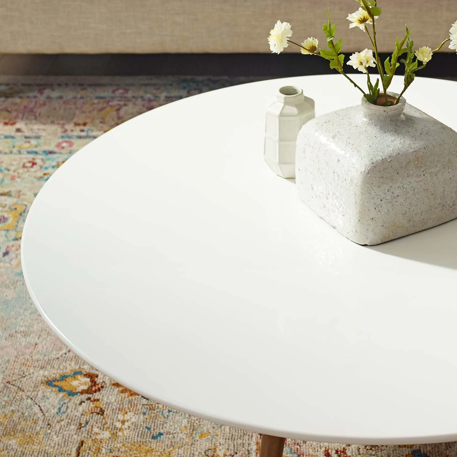 Contemporary Modern Urban Designer Living Room Lounge Club Lobby Round Coffee Table, Wood Metal Steel, White Natural Walnut