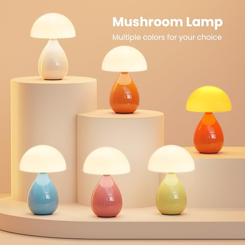 Mushroom Lamp Small Vintage Table Light, Mini Modern Lamp Bedside Nightstand LED, Small Light Dimmable for Bedroom, Living Room, Ceramic Base Glass Led Home Decor for Woman Gifts