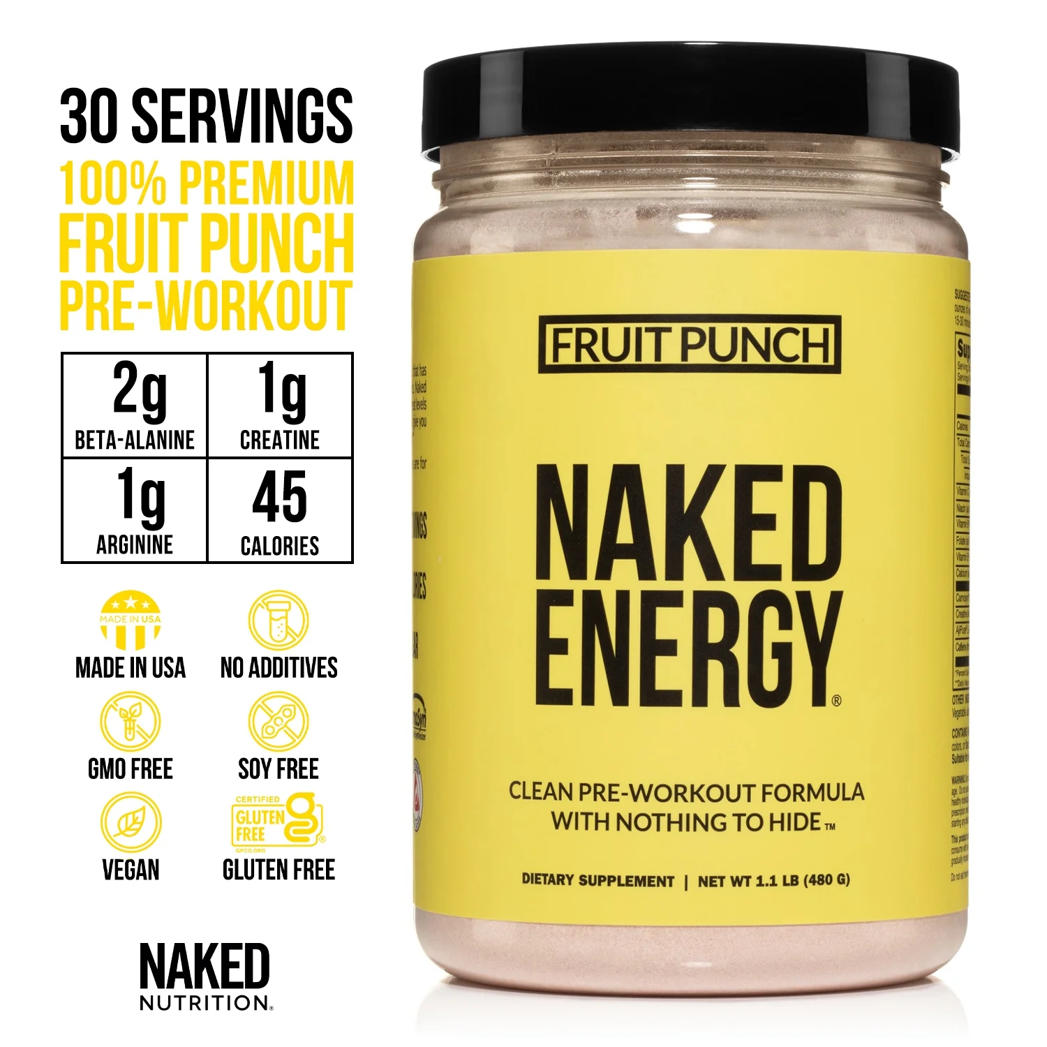 Fruit Punch Naked Energy – Clean Pre Workout Supplement for Men and Women, Vegan Friendly, No Added Sweeteners, Colors or Flavors – 30 Servings