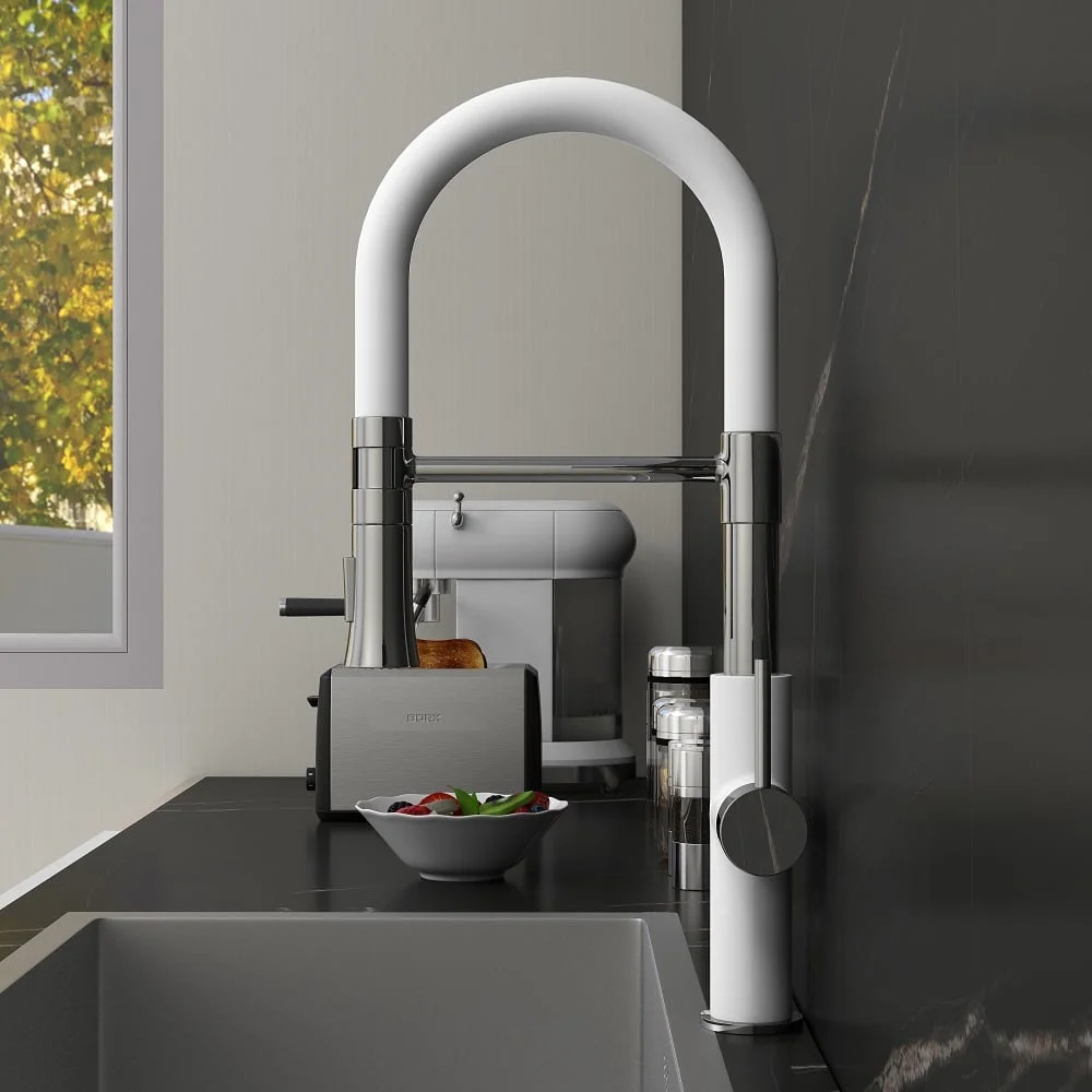 Homary Modern Sleek White & Chrome Pull-Down Spray Kitchen Faucet Single Handle Solid Brass