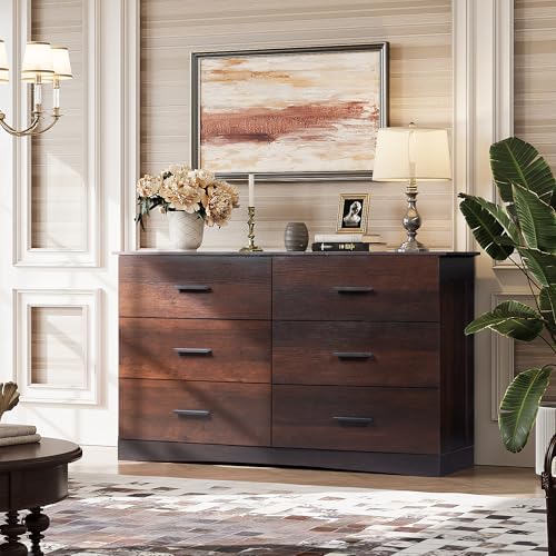 WLIVE Wood Dresser for Bedroom, Wide Chest of Drawers with 6 Drawers, Large Brown Storage Tower Unit, Modern Minimalist Closet Store Organizer for Living Room, Hallway