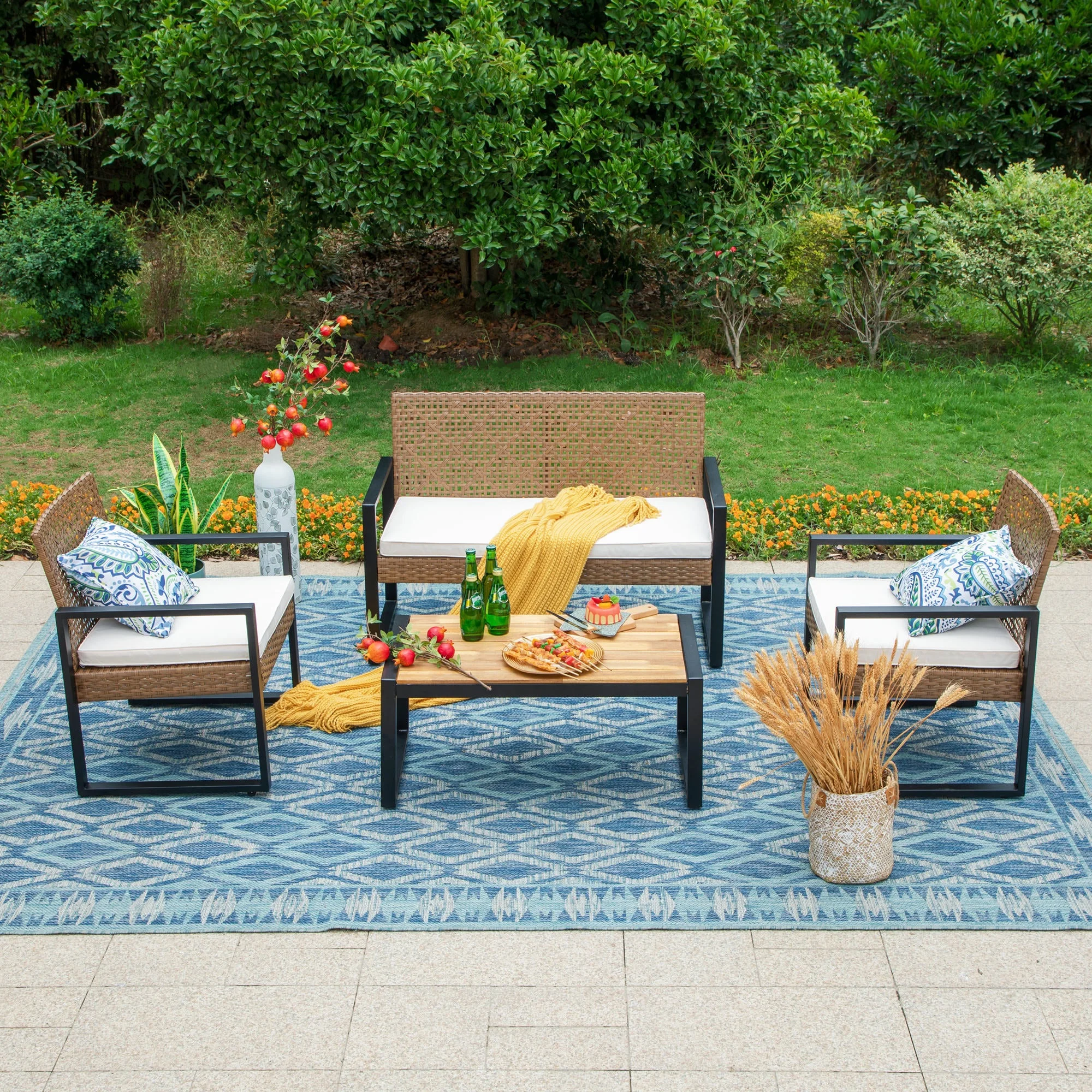 MF Studio 4-Piece Outdoor Conversation Set, All Weather Wicker & Steel Frame, Yellow & Black