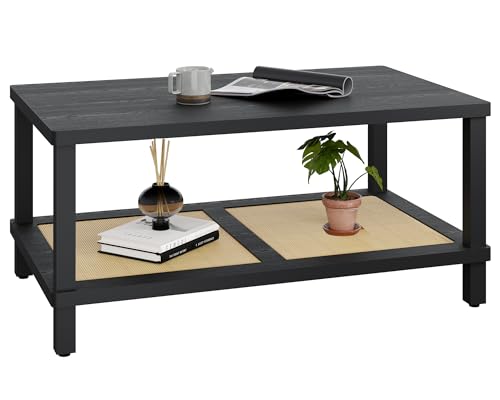 Rattan Coffee Table for Living Room,2-Tier Wooden Center Table with Hand Made Rattan Decorated,39.3 Inch Living Room Tbale with Rounded Corners,Boho Coffee Table,Easy Assembly Black LCT55BK