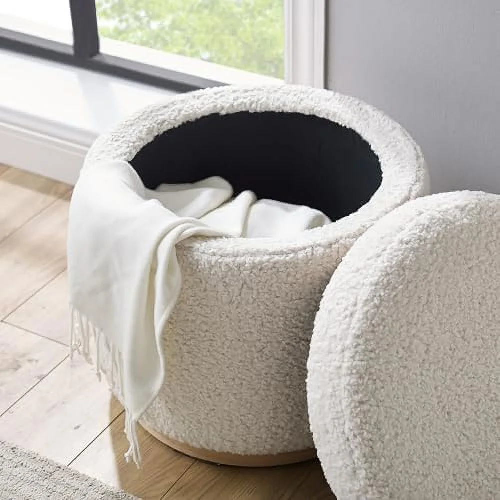 Lexington Natural Sherpa Round  Ottoman with Wood Accent