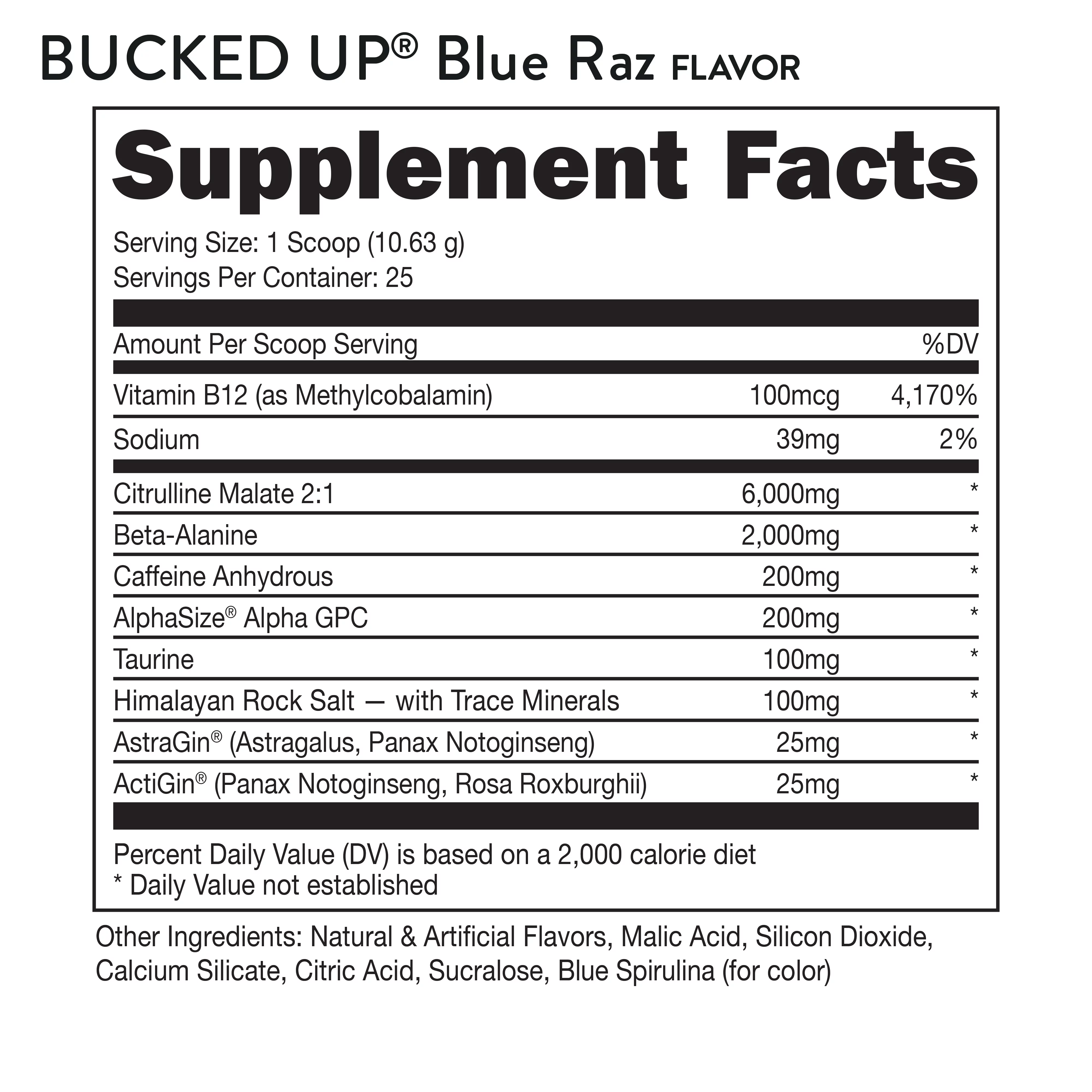 Bucked Up Pre-Workout Powder, Blue Raz, Vitamin B12 & 200mg Caffeine, 25 Servings
