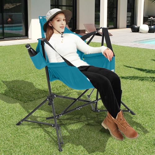 Hammock Folding Camping Chair - Outdoor Portable Swing Camp Chairs Set of 2 with Stand Adults Rocking Swinging Chair for Beach Lawn Patio (Blue)