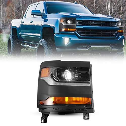 ROXX Headlight Assembly Fits for 2016-2018 Chevy Silverado 1500 Projector Chrome Headlights with LED Sequential Turn Signal, 16-18 Chevy Silverado 1500 Headlights Assembly Replacement 1 Pair