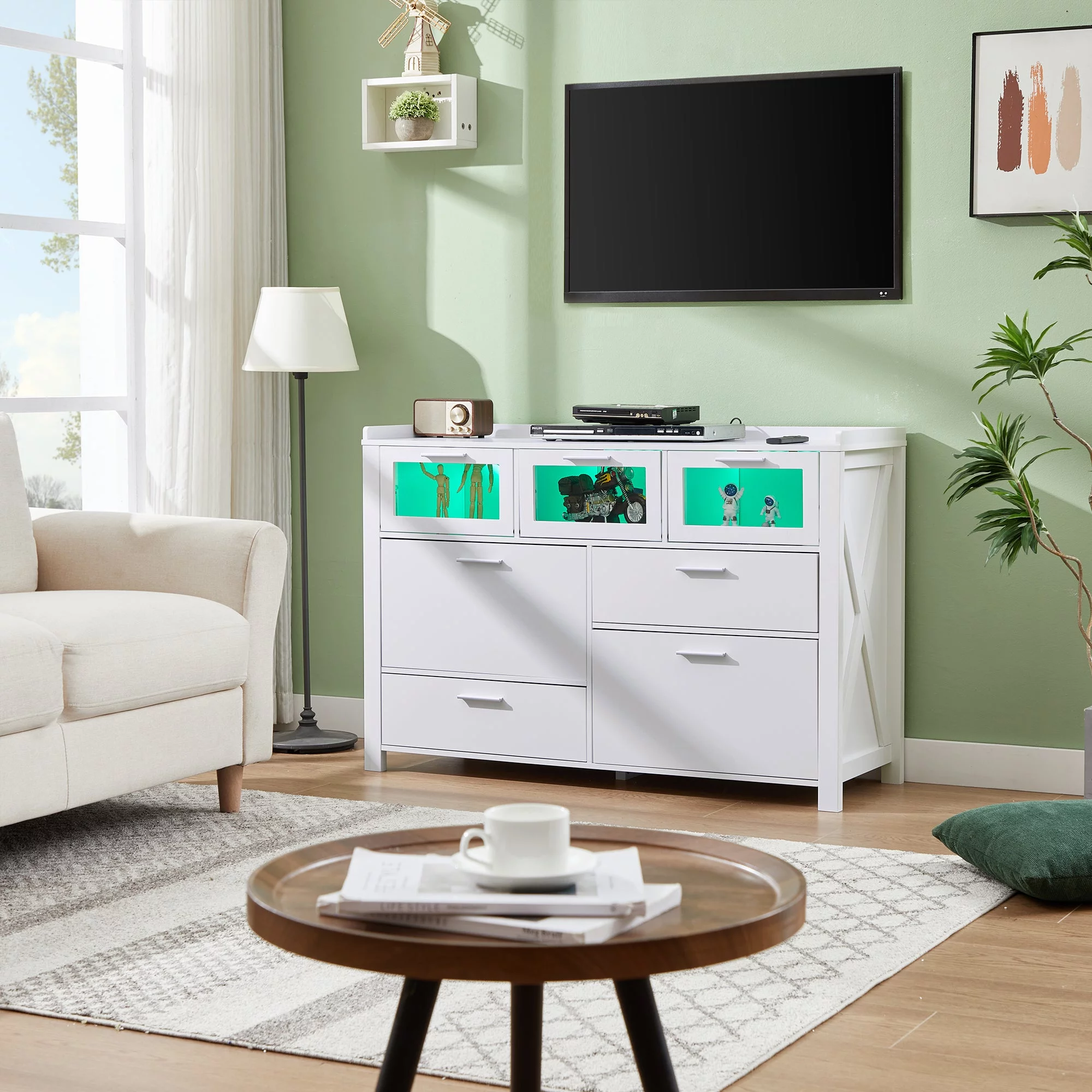 VECELO 3-Piece Modern Bedroom Set with 7 Drawers LED Dresser and 2 Nightstands with 2-Drawer, White