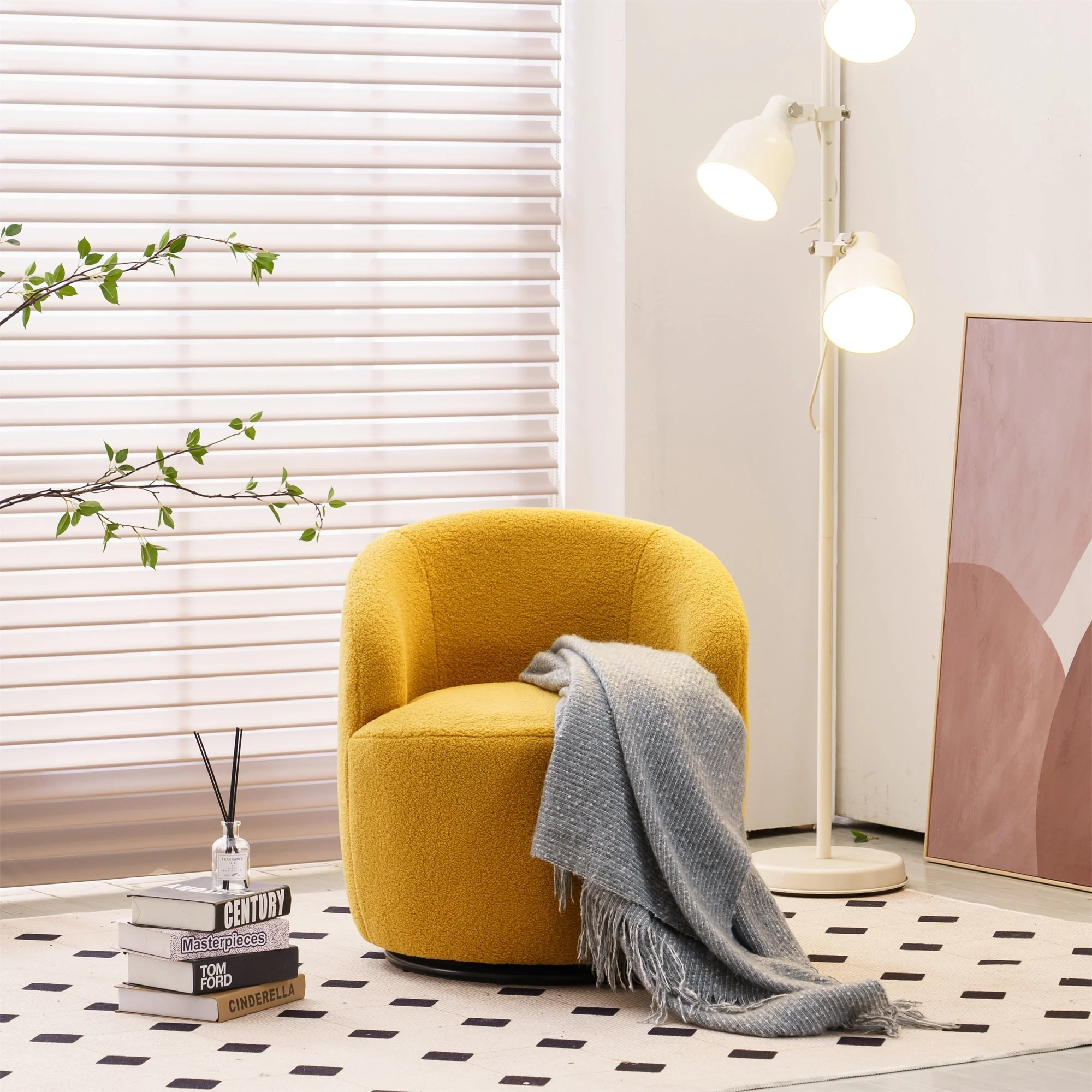 Unbranded Teddy Fabric Swivel Armchair with Black Powder Coated Metal Ring Yellow