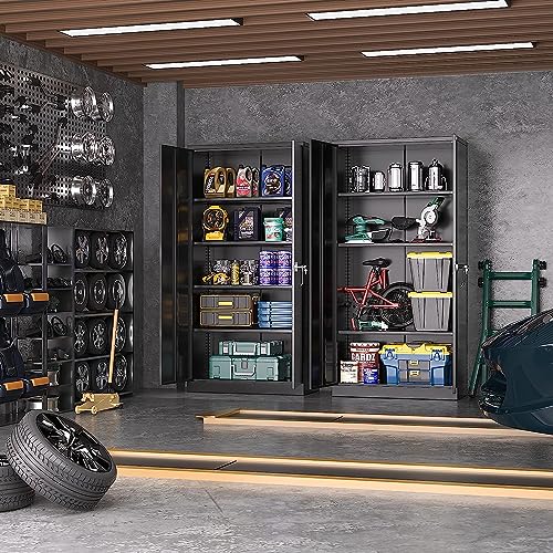 Greenvelly Metal Garage Storage Cabinet with Lock, 72”Metal Storage Cabinet with 2 Doors and 4 Adjustable Shelves, Steel Tool Cabinet for Garage,Home Office, School,Gym (Black Grey)