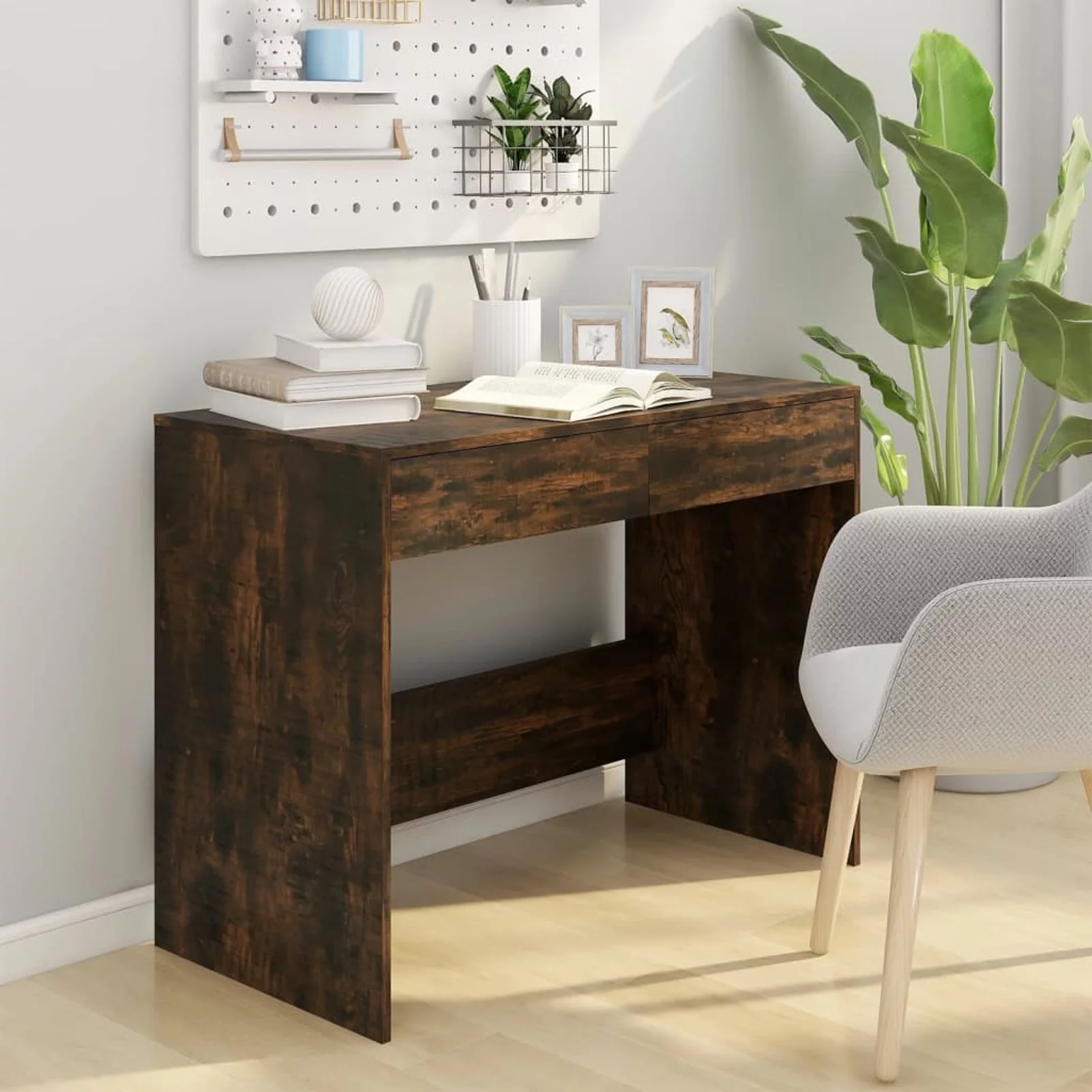 Dcenta Desk Smoked Oak 39.8in x 19.7in x 30.1in Engineered Wood Writing Desk Gaming Table Home Office Furniture