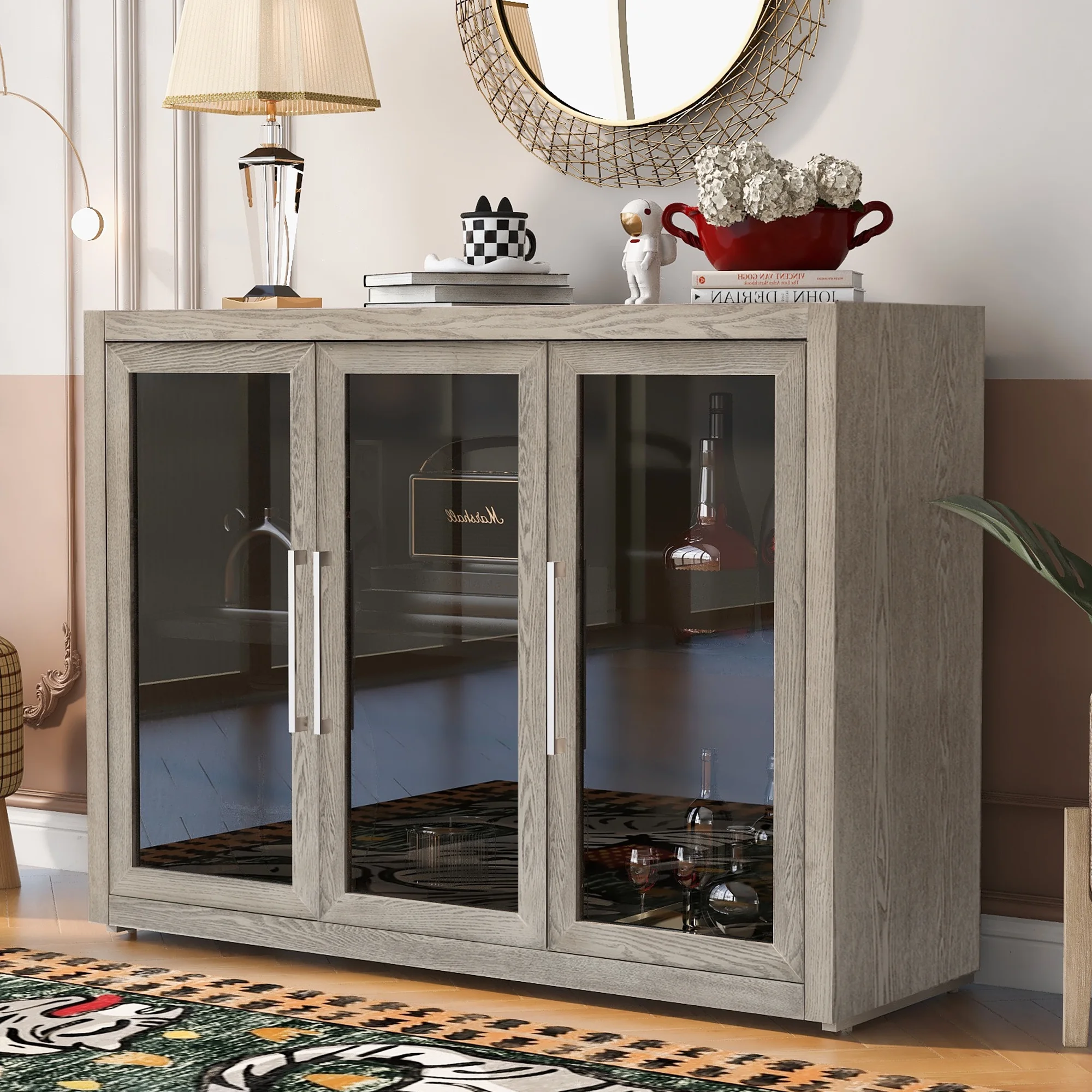 CoSoTower Wood Storage Cabinet with Three Tempered Glass Doors and Adjustable Shelf,Suitable for Living Room, Study and Entrance