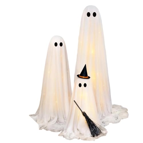 3 Pack Light Up Spooky Ghosts Decoration, Halloween Decorations Outdoor, Cute Halloween Ghost Decoration with Timer Remote for Yard Porch Lawn Home Front Door
