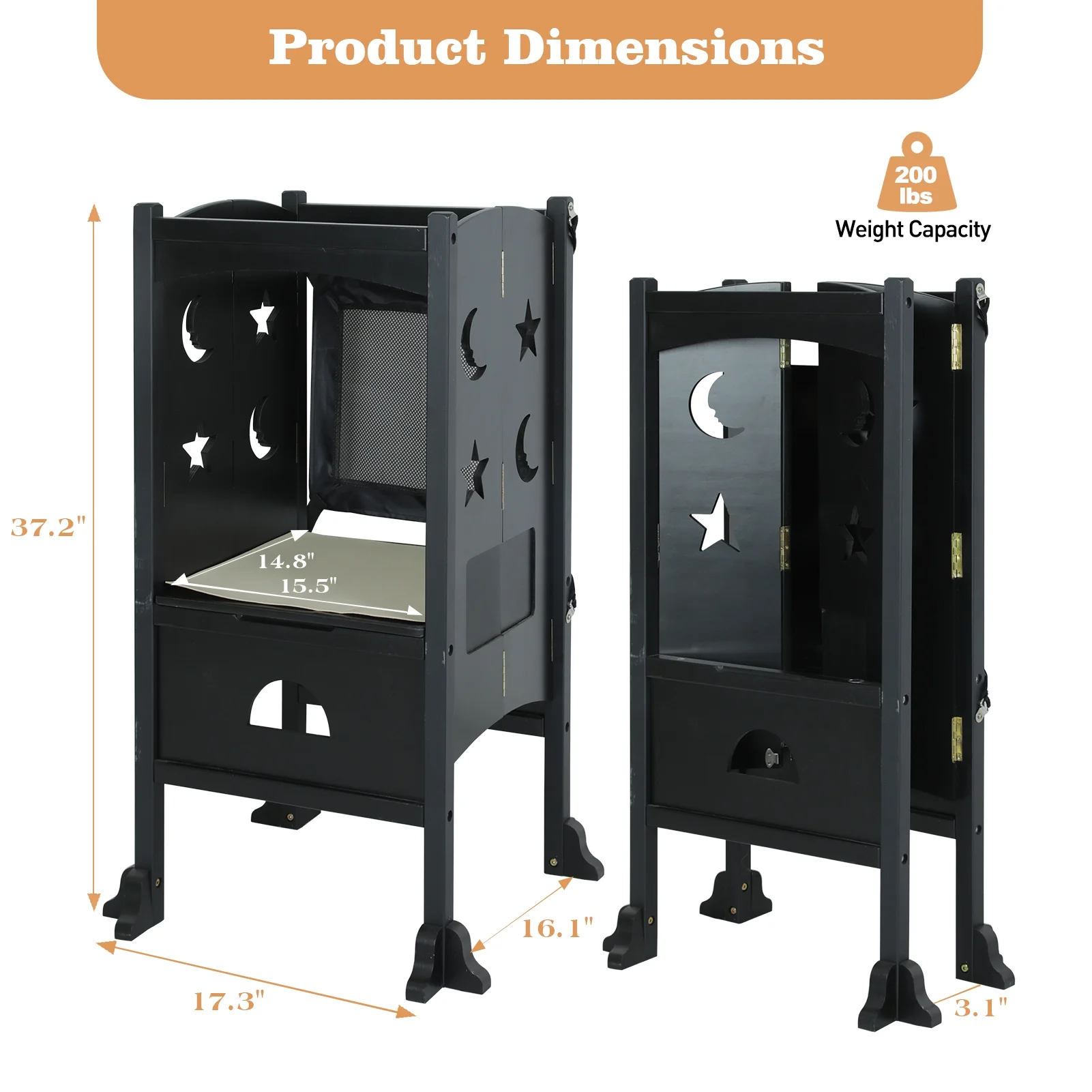 Fionafurn Wooden Kitchen Step Stool, Folding Toddler Stool Counter Kids Kitchen Step Stool,Black